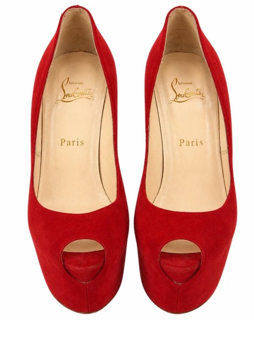 SOLD LIVE! Christian Louboutin Red Suede Peep-Toe Platform Pumps - Picture 4 of 5